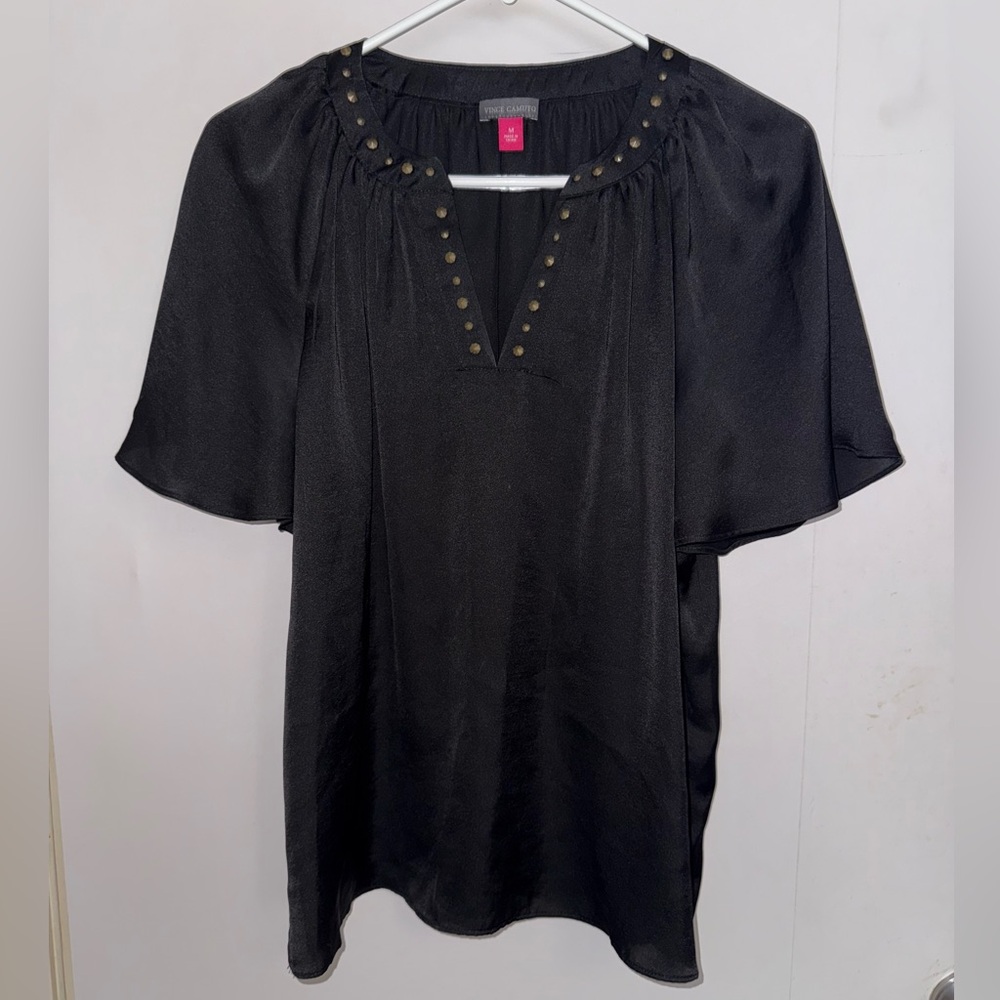 Vince Camuto Black Flutter Sleeve Embellished Blouse
